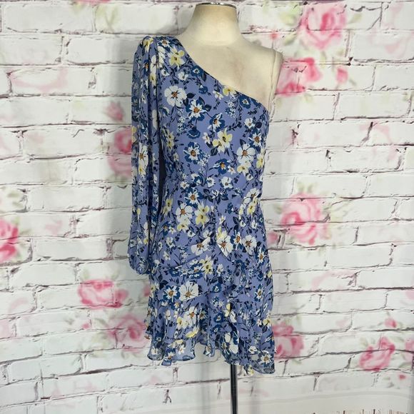 Astr Dresses & Skirts - ASTR Floral One Shoulder Long Sleeve Ruffled Mini Dress Floral Light Blue Medium